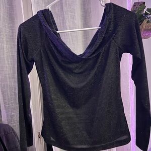 Black Sparkle Cowl-Neck Long Sleeve Top